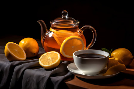 Cup of tea with lemon and teapot on the tableの素材
