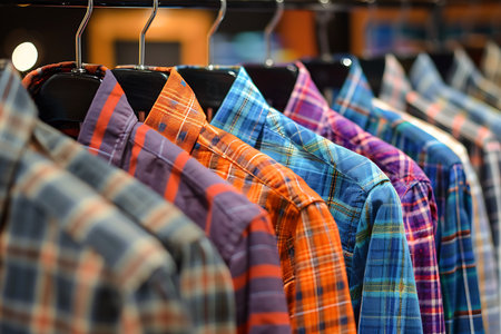 Different colors of shirts on hangers in a cloth storeの素材