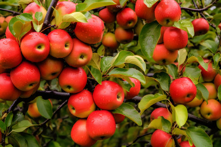 Ripe red apples on a tree branch in the gardenの素材