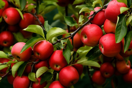 Ripe red apples on a tree branchの素材