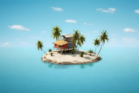 Tropical island with palm trees and bungalowsの素材