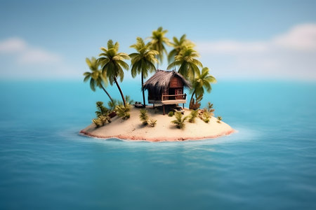 Tropical island with palm trees and bungalowsの素材