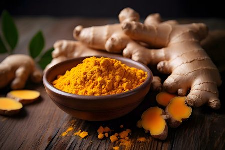 Turmeric powder in a bowl on wooden tableの素材