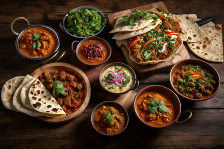 Traditional indian food on wooden tableの素材