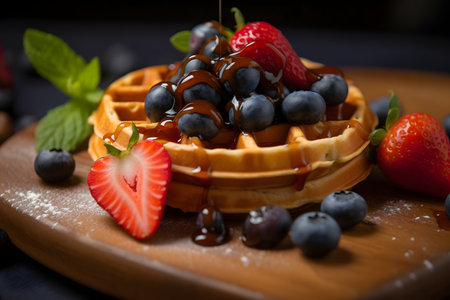 Belgian waffles with fresh berries and maple syrup on wooden backgroundの素材
