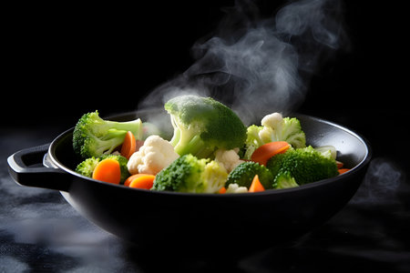 Steamed vegetables in a black bowl with smokeの素材