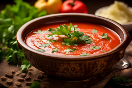 Tomato soup in a bowl on a wooden tableの素材