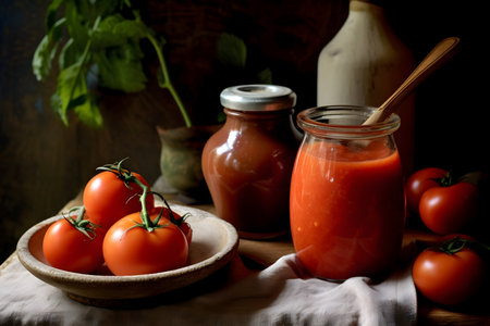 Tomato sauce in a jar and fresh vegetablesの素材