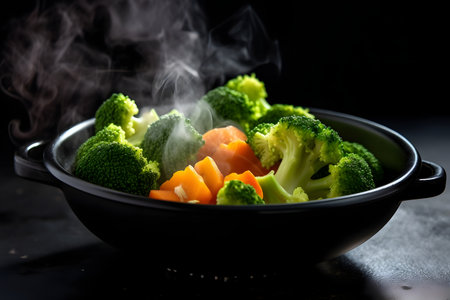 Vegetables in a black bowl on a dark background with smokeの素材