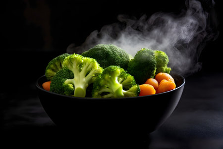 Steamed vegetables in a black bowl on a black background with smokeの素材