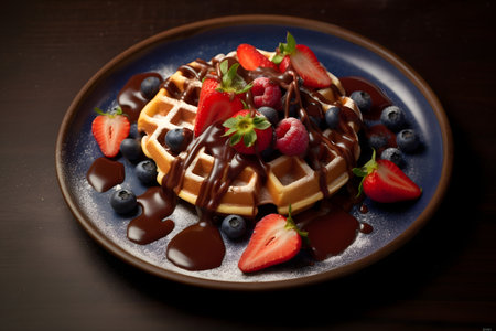Waffles with fresh berries and strawberry on a wooden tableの素材