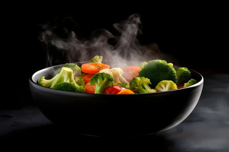 Steamed vegetables in a black bowl on a black background with smokeの素材