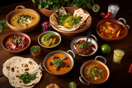 Traditional indian food on wooden tableの素材