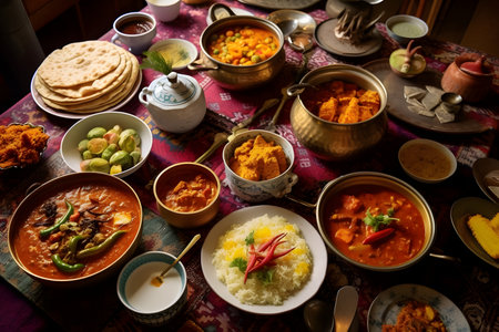 Traditional indian food on wooden tableの素材