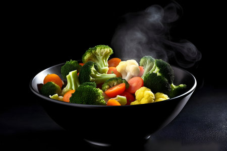 Vegetables in a black bowl on a dark background with smokeの素材