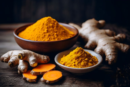 Turmeric powder in bowl and fresh turmericの素材
