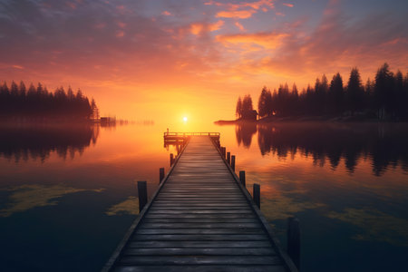 Wooden jetty on a lake at sunrise, Beautiful summer landscapeの素材