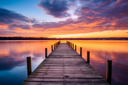 Wooden jetty on the lake at sunset. Beautiful sky backgroundの素材