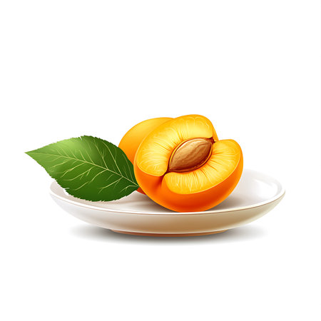 Apricot fruit with apricot half with leaves on white backgroundの素材