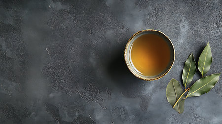 Freshly Brewed Tea with Bay Leaves on Gray Table, Top Viewの素材