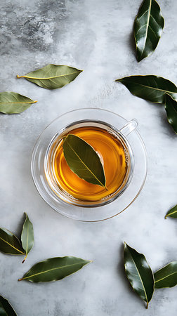 Aromatic Cup of Herbal Tea with Bay Leaves on Grey Backgroundの素材