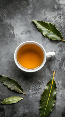 Aromatic Cup of Herbal Tea with Bay Leaves on Grey Backgroundの素材