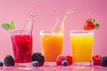 Assorted Berries with Vibrant Juice Splash on Pink Backdropの素材