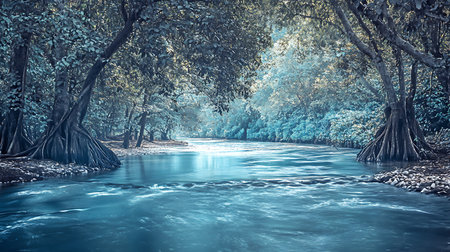 Beautiful autumn landscape with river and colorful trees in foggy morningの素材