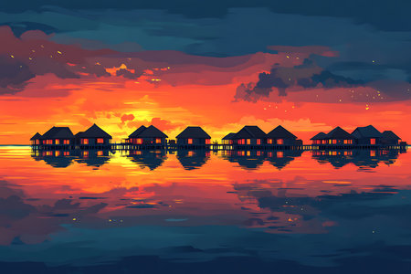 Beautiful sunset over the lake with wooden housesの素材