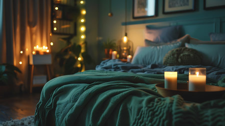 Bedroom with green blankets burning candles and glowing lamps at nightの素材