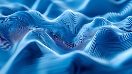 Waves of blue lines creating an optical illusion, suggestive of flowing fabric or water surface, abstract organic background, modern design element.の素材