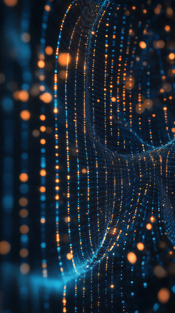 A mesmerizing display of interconnected orange and blue dots forming a dynamic grid network, reflecting modern data connection and digital innovation.の素材