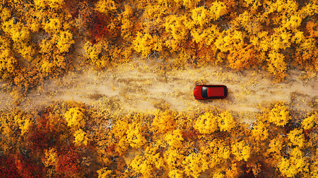 High-angle shot shows a red car driving along a dirt path amid a dense autumnal forest with golden and red leaves, creating a scenic and colorful landscape.の素材