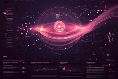 Features concentric light circles, and digital data elements. Includes blurred lines, circles and charts against a dark color background.の素材