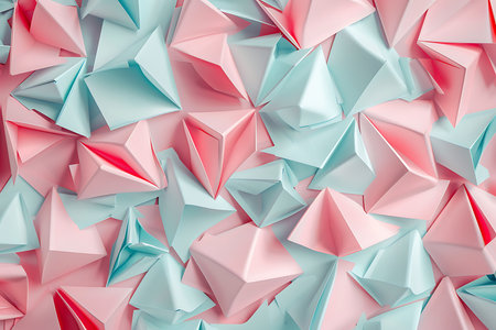 An abstract arrangement featuring geometric pyramid shapes in light blue and pink paper, creating a modern and visually appealing design layout.の素材