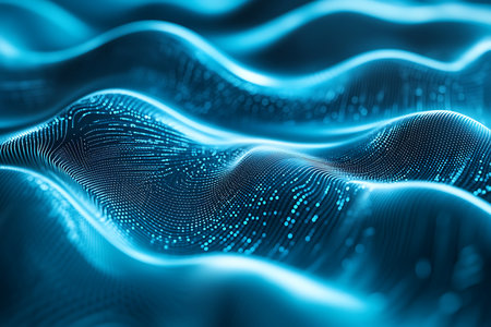 Blue background with flowing wave patterns of glowing dots that create a digital organic, modern feel suitable for technology backgrounds.の素材