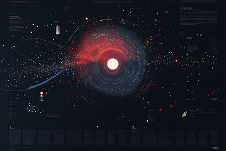 Digital interface displays complex data, points, connections, and charts on black backdrop, creating an abstract tech presentation.の素材