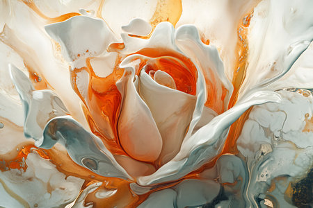 Close-up view showcases an abstract rose, featuring glossy white petals with creamy flowing elements. Modern art with delicate textures.の素材