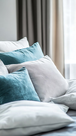Close-up displays blue velvet, grey striped, and plain white cushions neatly arranged on a bed near a window with blurred curtains for a soft background.の素材