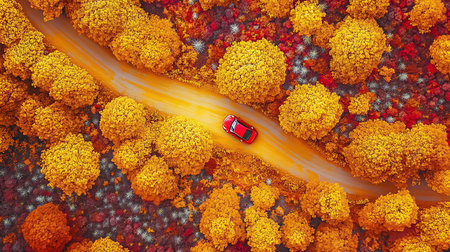 Bird's-eye view shows a red automobile moving along a dirt path, surrounded by vivid yellow and deep red foliage in an autumnal forest.の素材