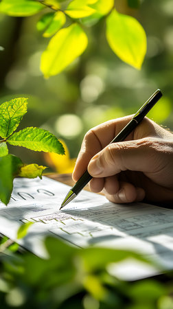 Close-up shot of a Caucasian hand holding a pen writing on a form document, captured in natural sunlight amidst green foliage, illustrating focus and precision.の素材