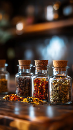 A close-up showcases glass spice jars with corks filled with various spices, arranged on a rustic wood table, providing a warm and inviting feel.の素材