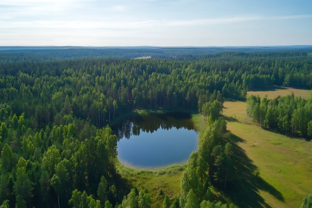 Captivating aerial view shows a lake surrounded by dense green forest and meadow landscape under a clear, sunny sky.の素材