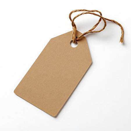 Angled kraft paper tag featuring neutral tones and a jute twine loop, set against a crisp white surface offering versatile use.の素材