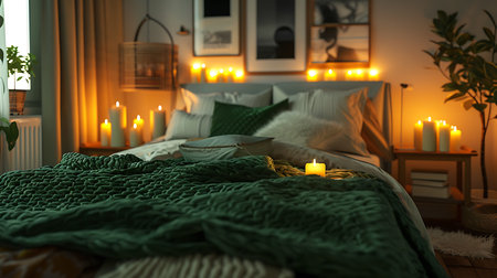 Bedroom features a bed adorned with a green blanket, soft pillows, and numerous lit candles, creating a warm, inviting, and tranquil home ambiance.の素材