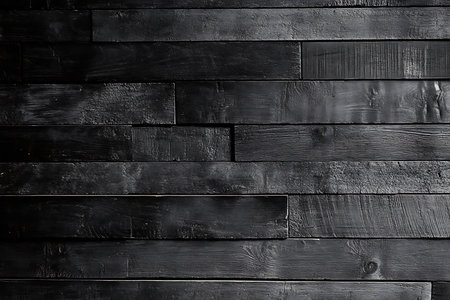 Rustic dark background with textured charred wood planks featuring detailed grain and rough burned surface. Ideal for adding depth to designs.の素材