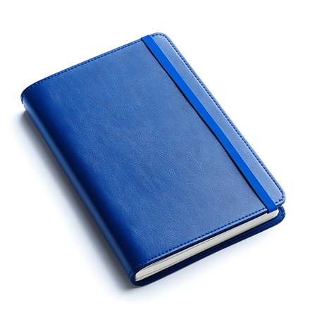 Features a closed blue leather notebook with an elastic band, shot against a bright white backdrop for a clean, professional look.の素材