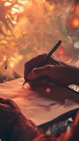 Close-up view of a male hand writing with a pen on a sheet of paper. Warm color palette creates an artistic, draft-like ambiance.の素材