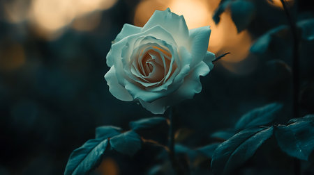 Detailed view showcasing the delicate layers of a white rose bloom with stem and lush leaves, set against a softly blurred natural backdrop.の素材
