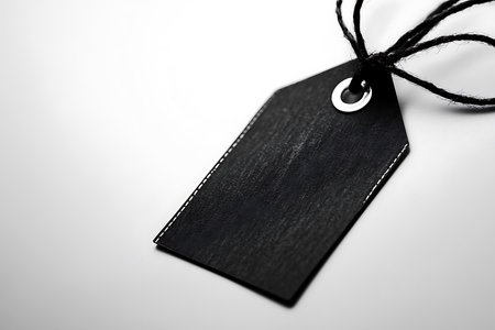 Macro shot showcases a black textured tag featuring a white stitched edge, securely fastened with a black string tie. Details of the texture are clearly visible.の素材